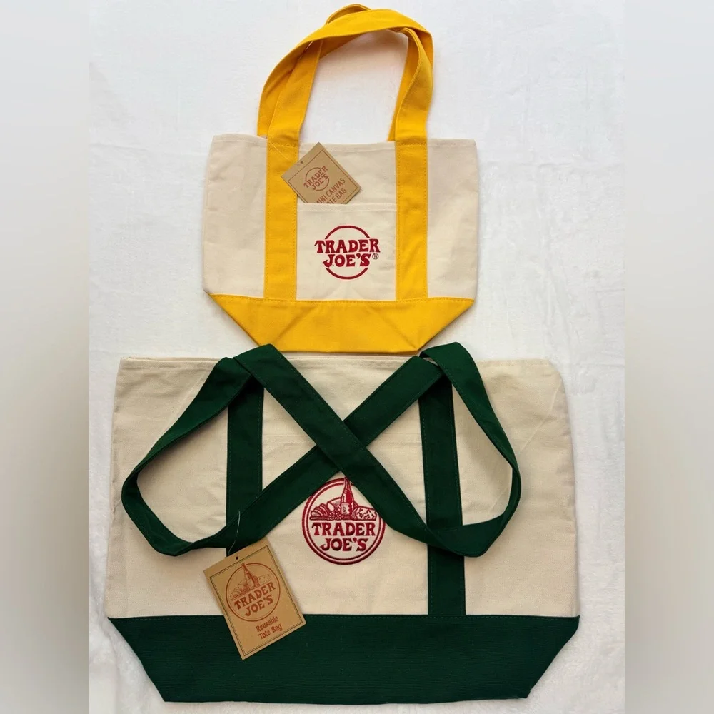 Trader Joe's Canvas Set Large Tote Green & Mini Tote Yellow NWT - Picture 2 of 15